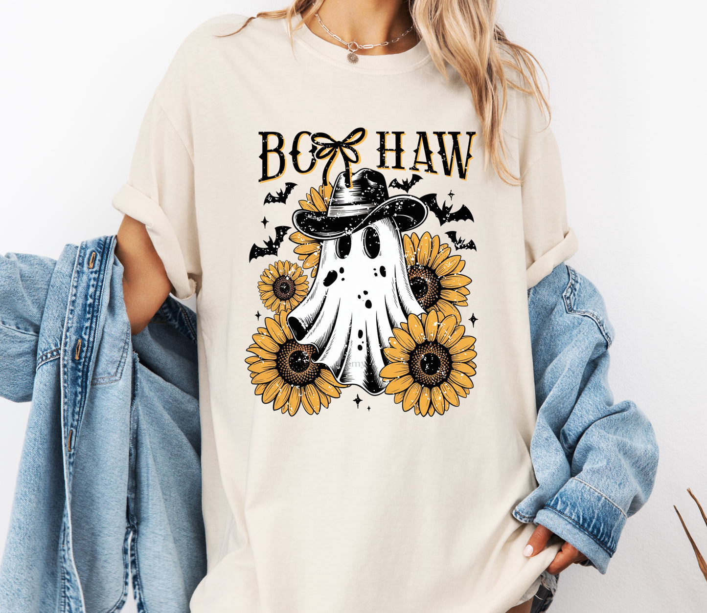 Boo Haw Halloween Comfort Colors® T-shirt, Cute Halloween Sunflower Ghost Tee, Cowboy Ghost Shirt