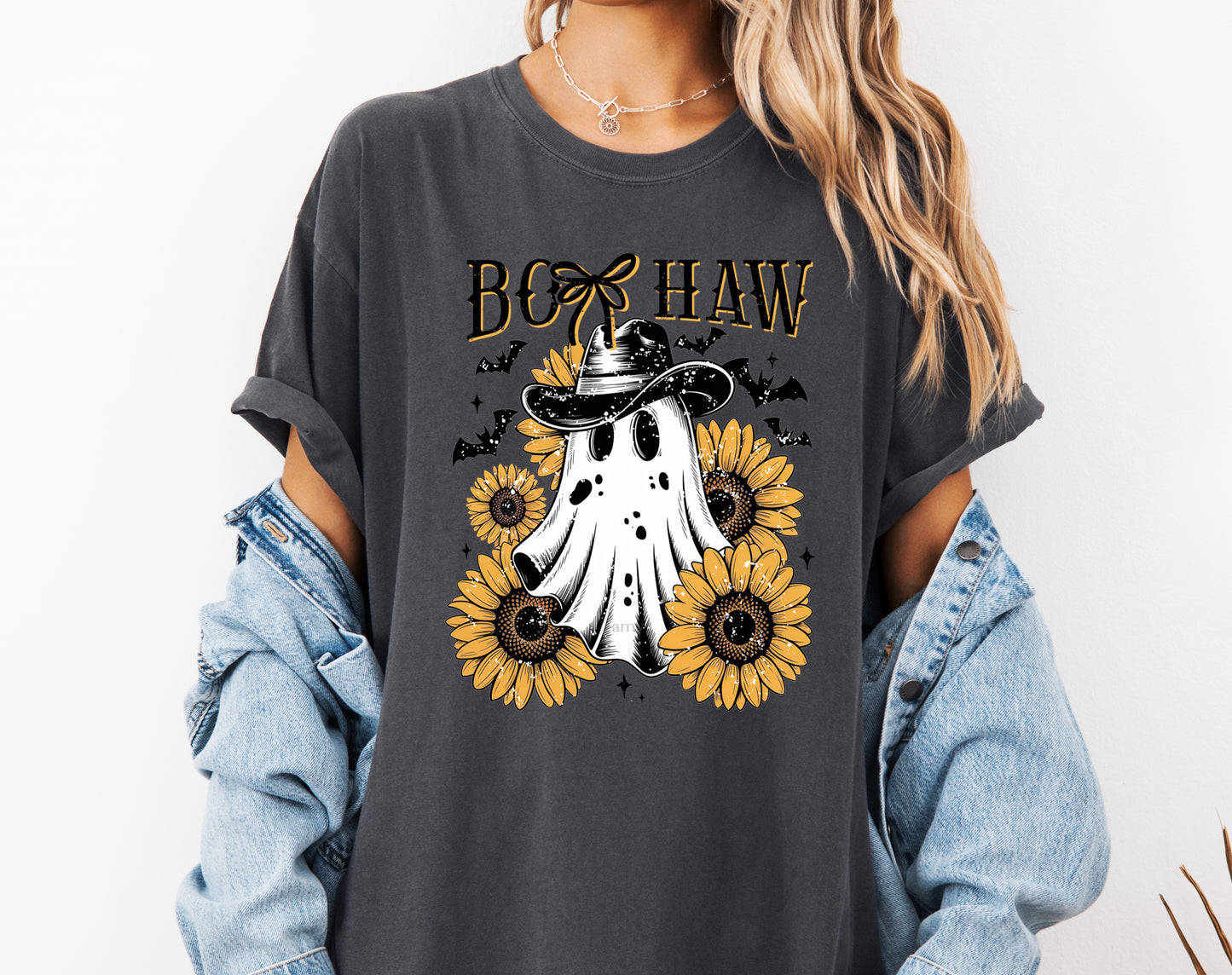 Boo Haw Halloween Comfort Colors® T-shirt, Cute Halloween Sunflower Ghost Tee, Cowboy Ghost Shirt