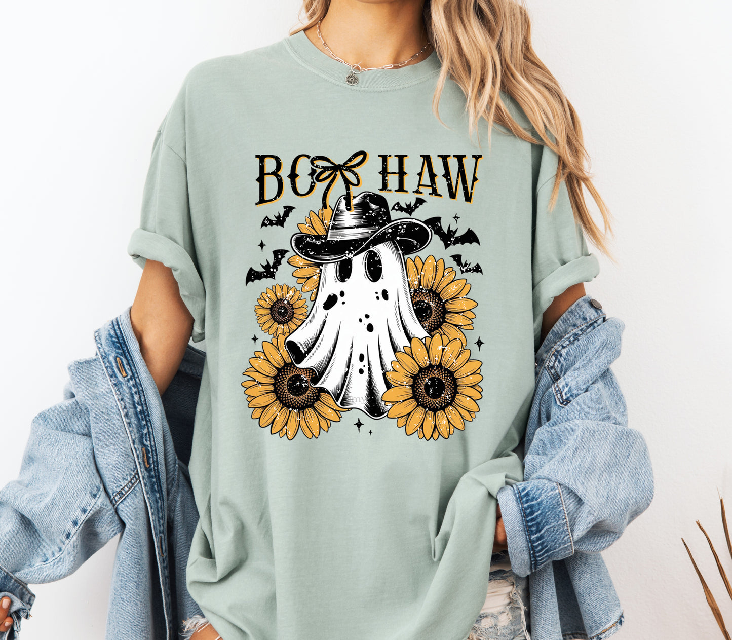 Boo Haw Halloween Comfort Colors® T-shirt, Cute Halloween Sunflower Ghost Tee, Cowboy Ghost Shirt
