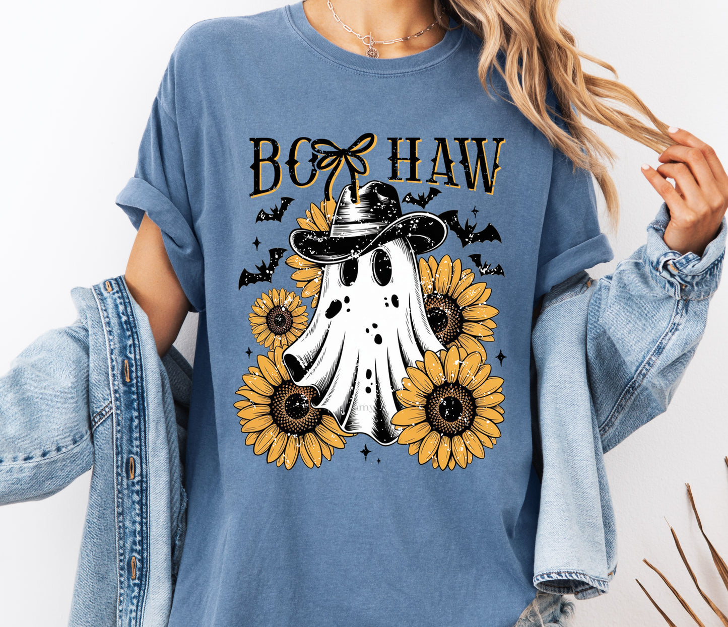 Boo Haw Halloween Comfort Colors® T-shirt, Cute Halloween Sunflower Ghost Tee, Cowboy Ghost Shirt