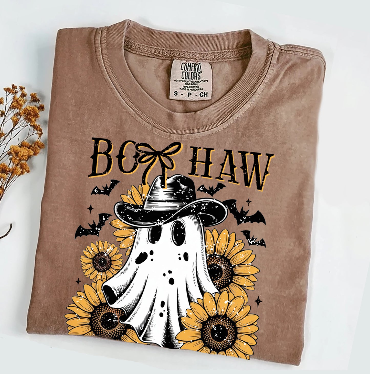 Boo Haw Halloween Comfort Colors® T-shirt, Cute Halloween Sunflower Ghost Tee, Cowboy Ghost Shirt