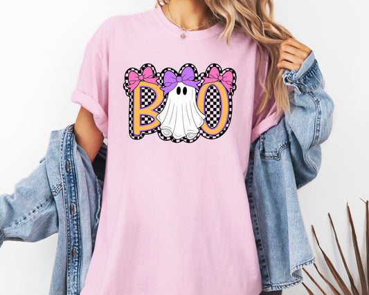 Cute Boo Coquette Bow Ghost Comfort Colors® T-shirt, Cute Checkered Halloween Tee, Trendy Halloween Shirt