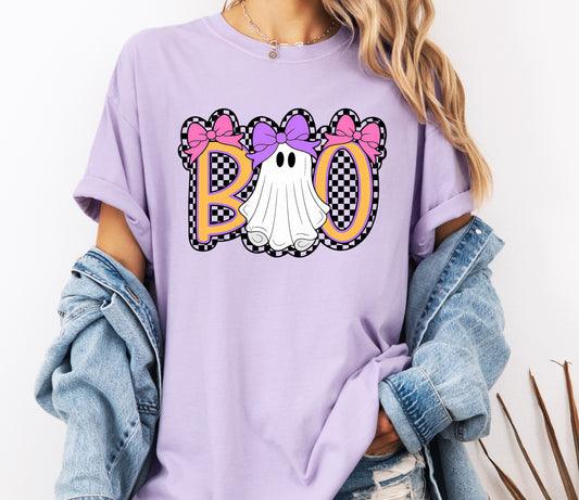 Cute Boo Coquette Bow Ghost Comfort Colors® T-shirt, Cute Checkered Halloween Tee, Trendy Halloween Shirt