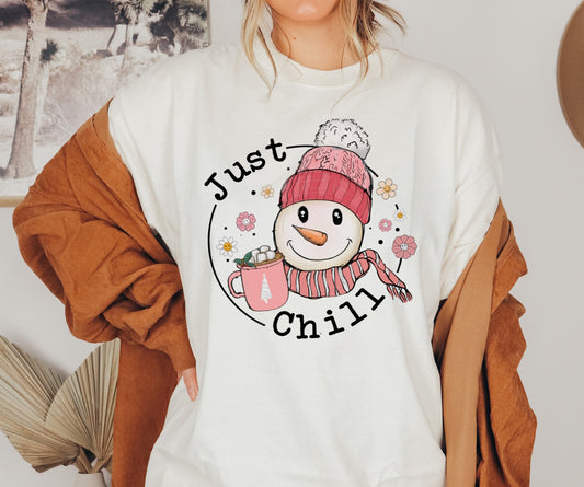 Just Chill Pink Snowman Christmas Shirt