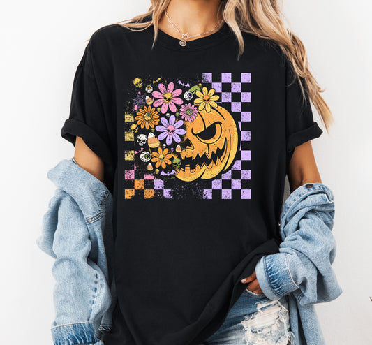 Floral Pumpkin Comfort Colors® T-shirt, Trendy Halloween Tee, Cute Girly Graphic TShirt, Fall Party Shirt