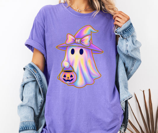 Iridescent Trendy Ghost Comfort Colors® T-shirt, Cute Halloween Tee, Girly Bow Ghost Shirt