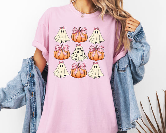 Cute Pumpkin Ghost Comfort Colors® T-shirt, Coquette Bow Halloween Tee, Trendy Halloween Shirt