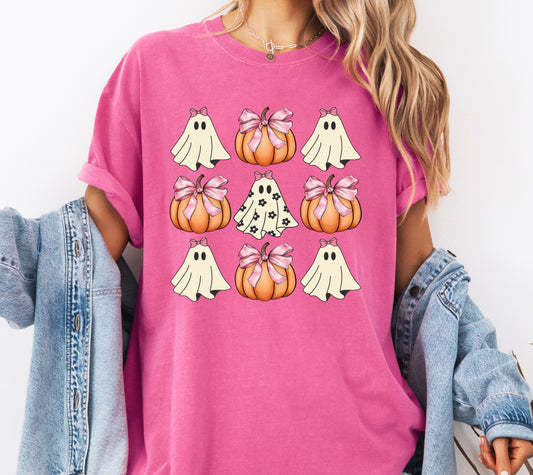 Cute Pumpkin Ghost Comfort Colors® T-shirt, Coquette Bow Halloween Tee, Trendy Halloween Shirt