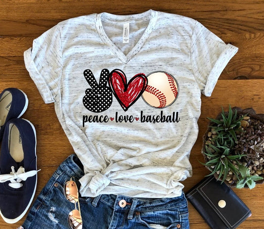 Peace Love Baseball Mom Unisex V Neck Graphic Tee T-Shirt