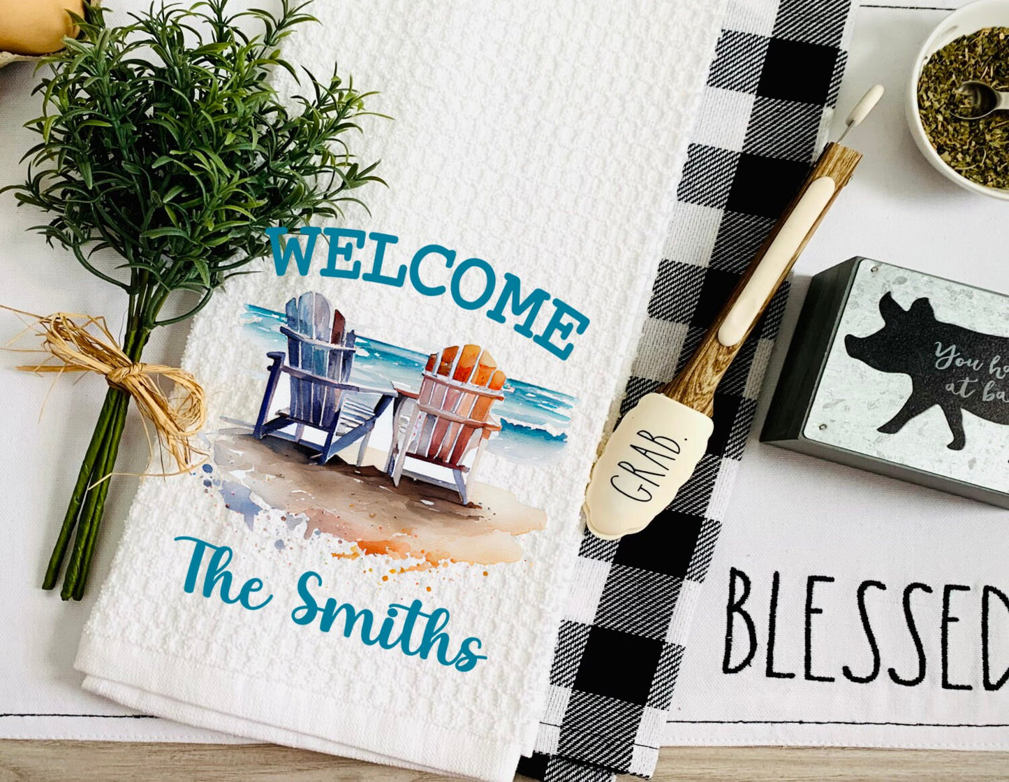 Personalized Welcome Beach House Kitchen dish Towel - Beach House Tea Towel Kitchen Decor - New Home Gift Decorations house Decor Towel