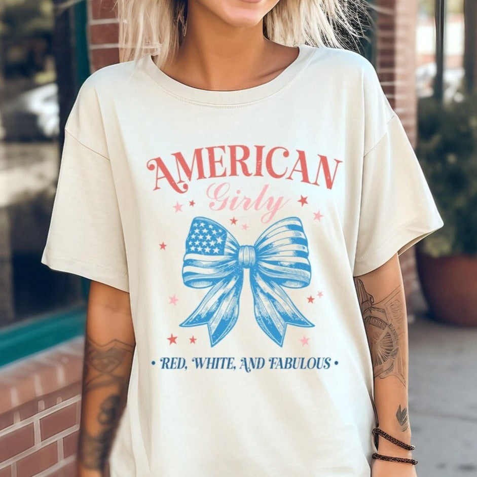 USA Girly Red White Fabulous Patriotic Bow Tee, USA Americana Shirt, 4th Of July American Unisex Novelty T-Shirt