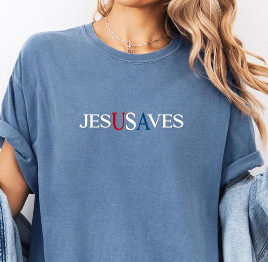 Jesus Saves USA Colors® T-shirt, Christian Bible Verse Graphic Tee, Minimalist Religious Apparel, Woman's Bible Study, American Pride Shirt