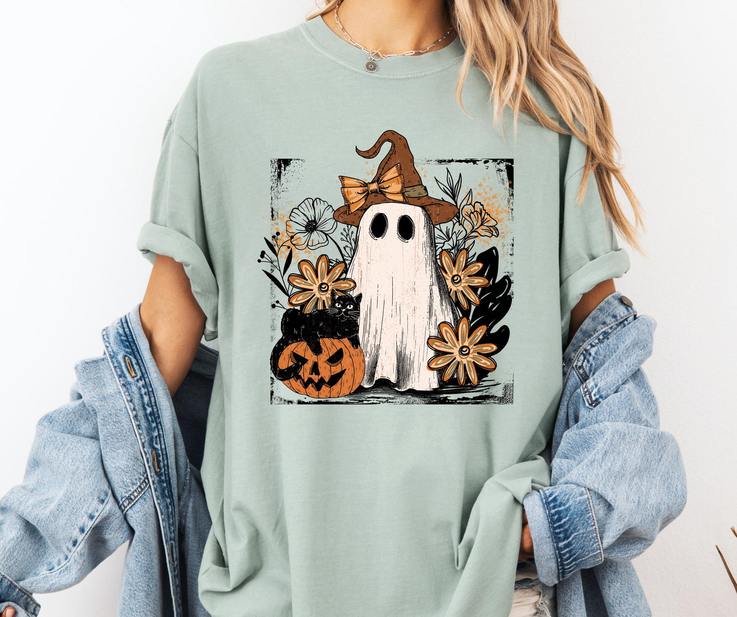 Floral Fall Ghost Comfort Colors® T-shirt, Trendy Halloween Tee, Cute Girly Graphic TShirt, Fall Party Shirt