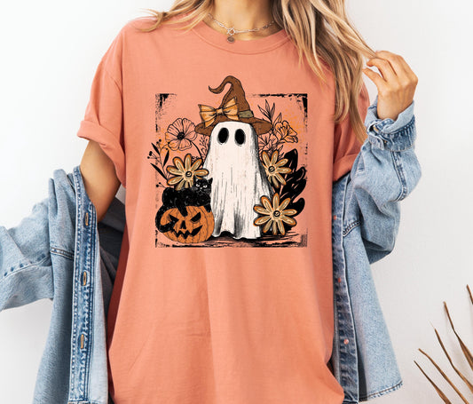 Floral Fall Ghost Comfort Colors® T-shirt, Trendy Halloween Tee, Cute Girly Graphic TShirt, Fall Party Shirt