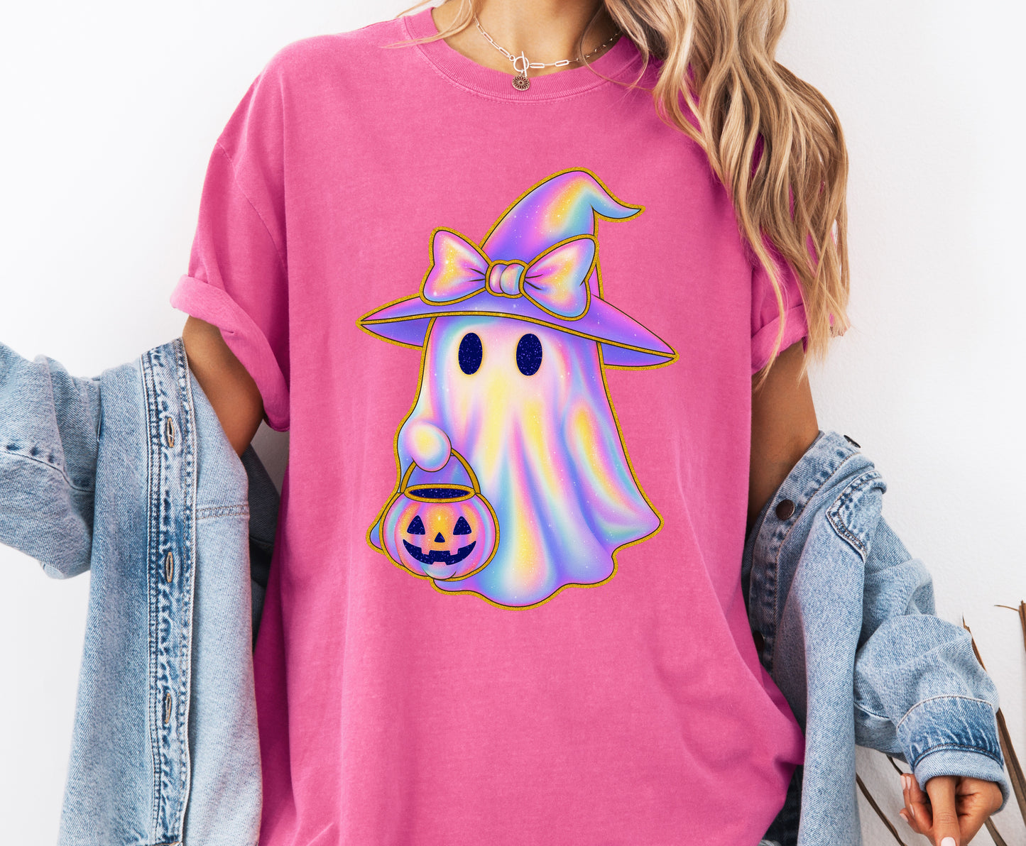 Iridescent Trendy Ghost Comfort Colors® T-shirt, Cute Halloween Tee, Girly Bow Ghost Shirt