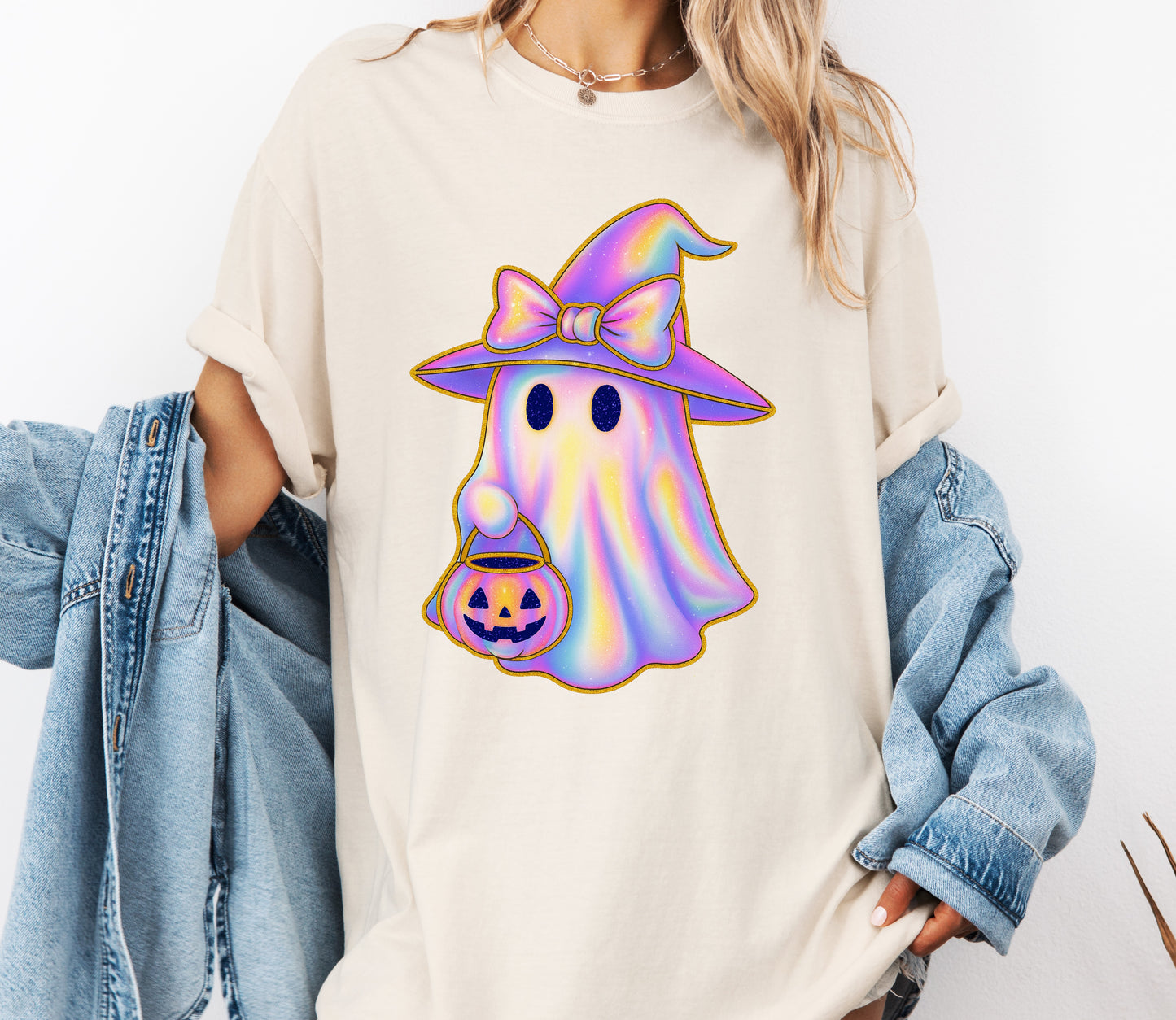 Iridescent Trendy Ghost Comfort Colors® T-shirt, Cute Halloween Tee, Girly Bow Ghost Shirt