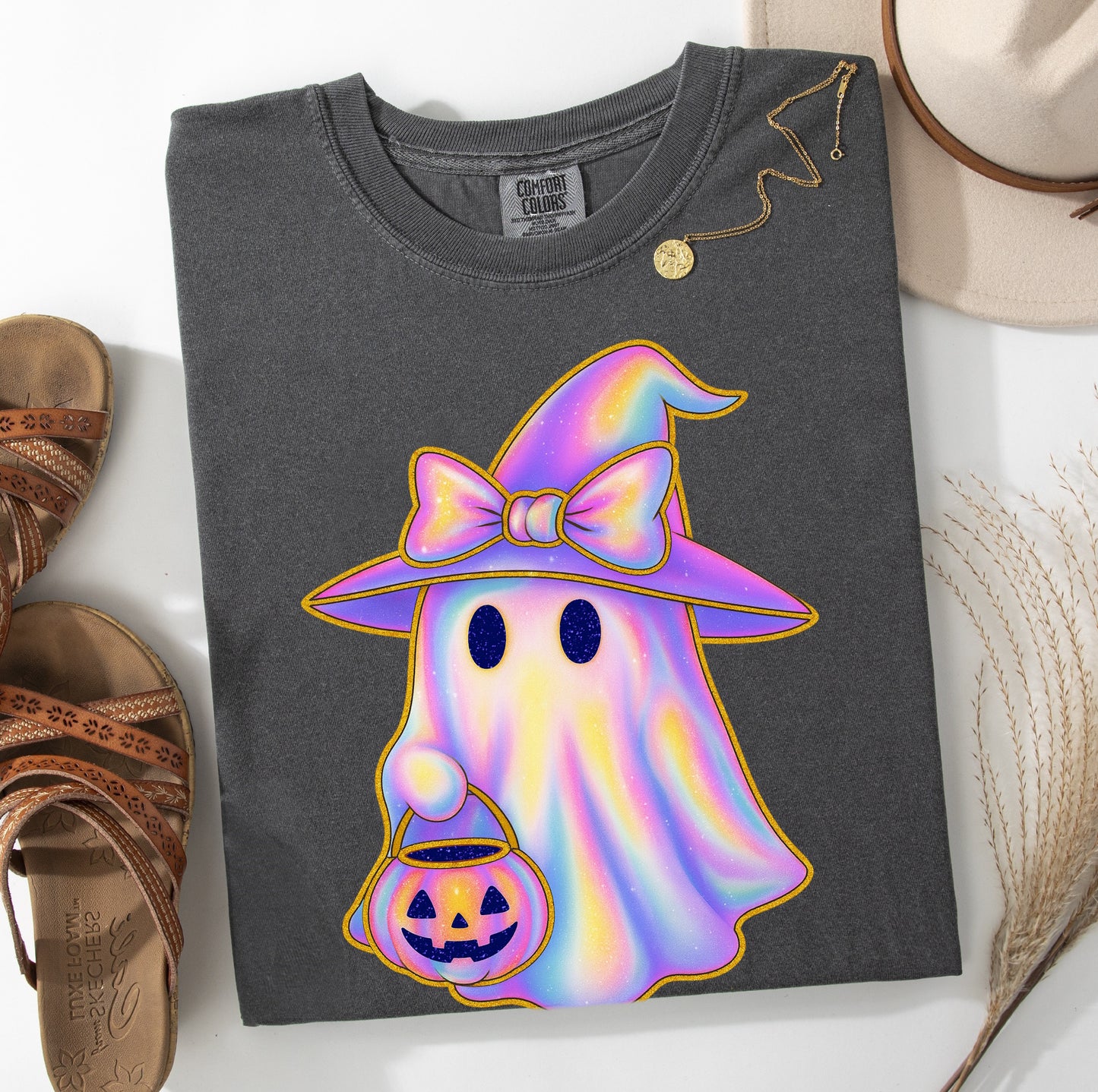 Iridescent Trendy Ghost Comfort Colors® T-shirt, Cute Halloween Tee, Girly Bow Ghost Shirt