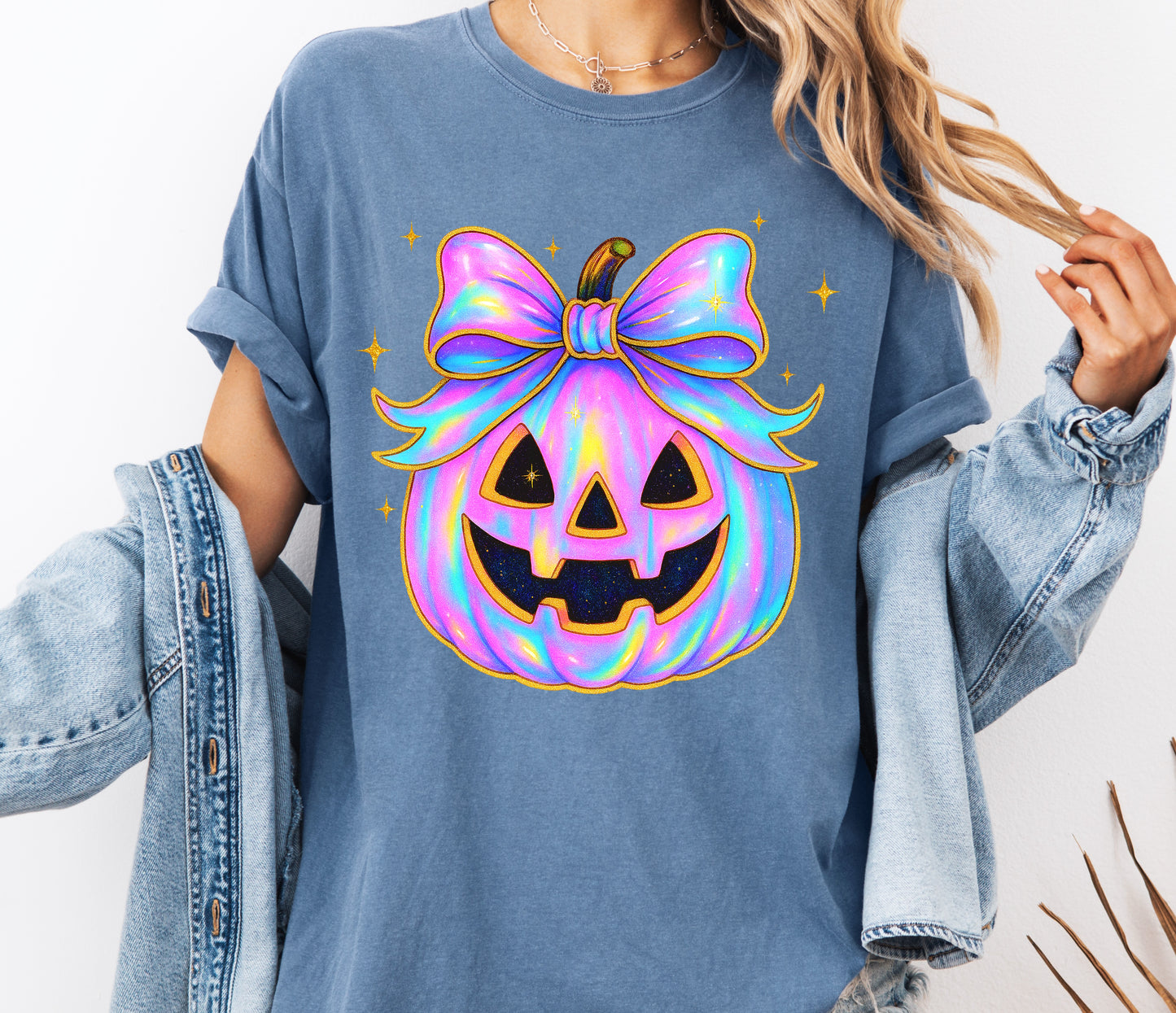 Iridescent Trendy Pumpkin Comfort Colors® T-shirt, Cute Halloween Tee, Girly Bow Pumpkin Shirt