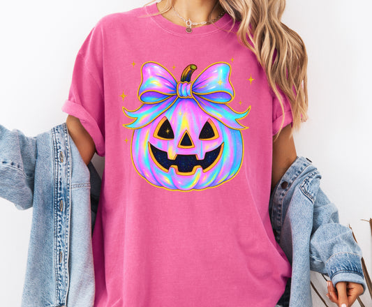 Iridescent Trendy Pumpkin Comfort Colors® T-shirt, Cute Halloween Tee, Girly Bow Pumpkin Shirt