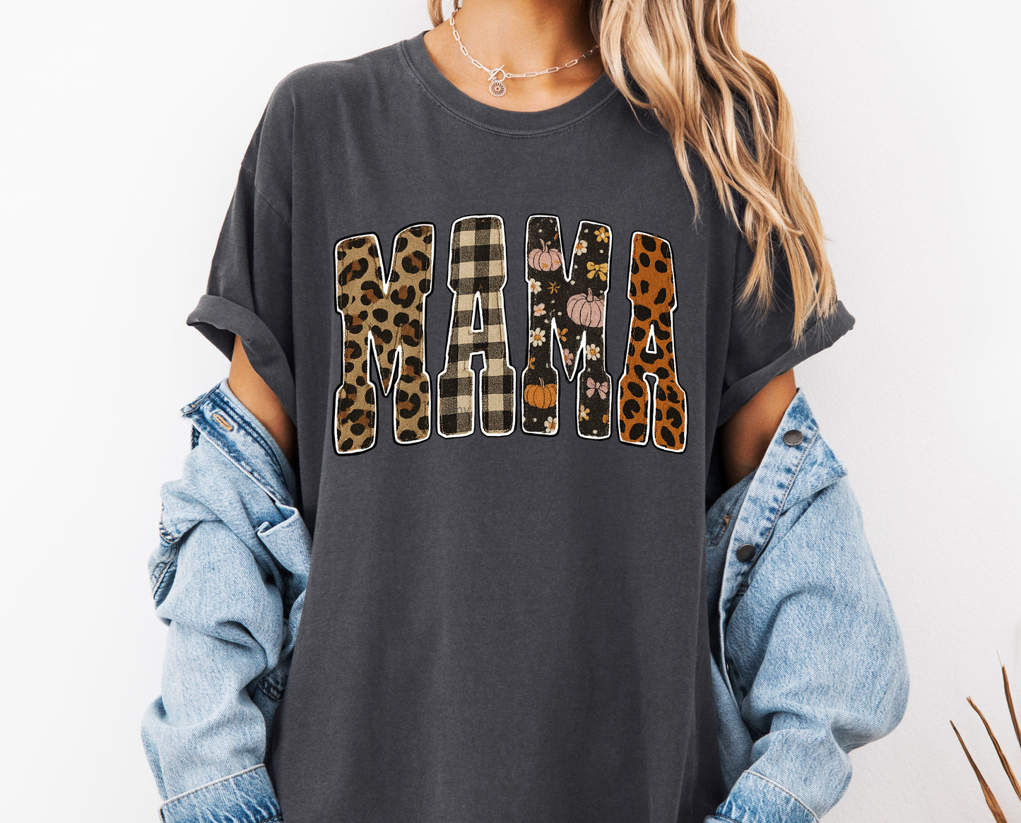 Mama Patch Fall Comfort Colors® T-shirt, Trendy Mom Autumn Tee, Cute Mommy Varsity Shirt