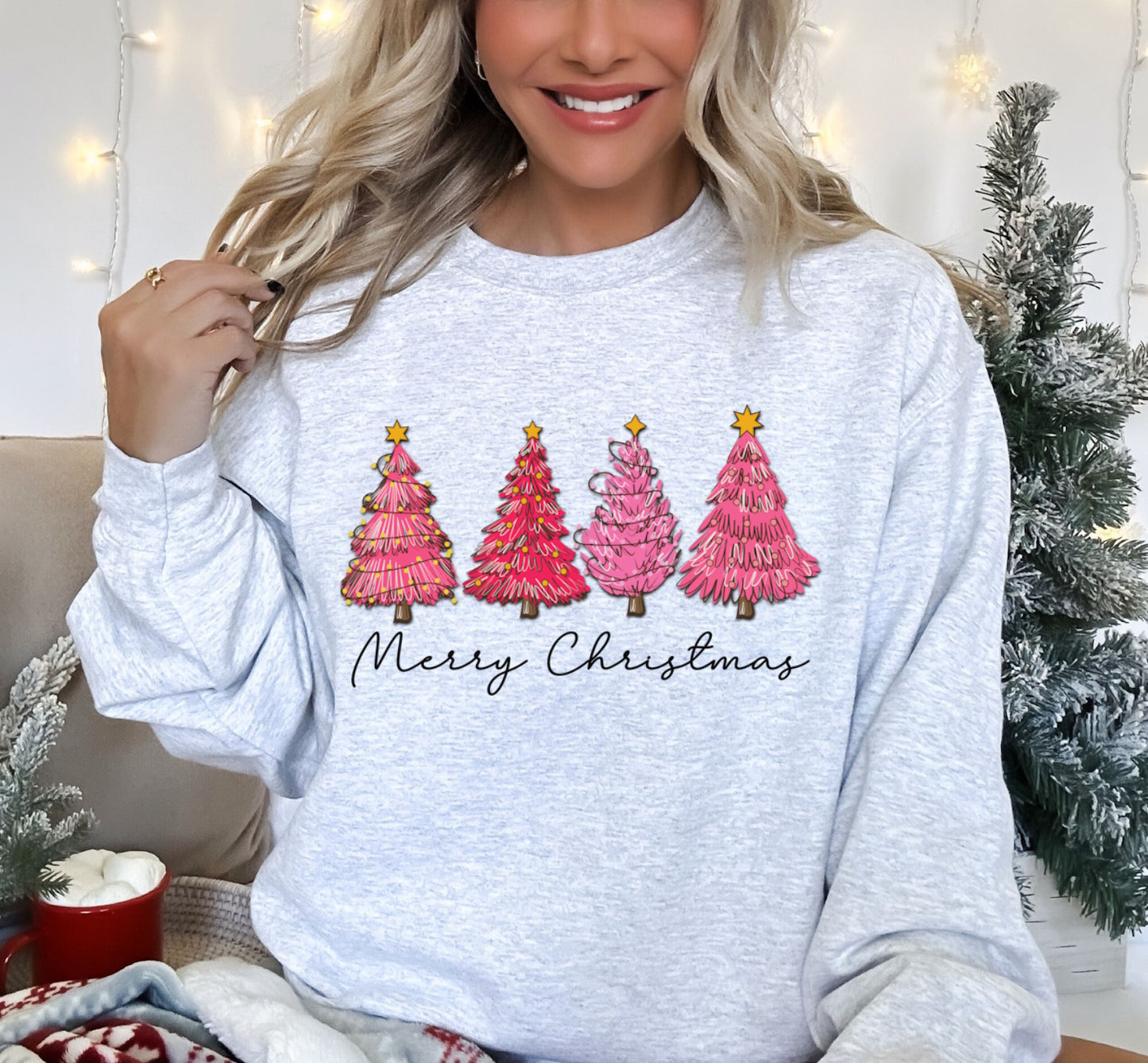 Pink Trees Merry Christmas Crewneck Sweatshirt
