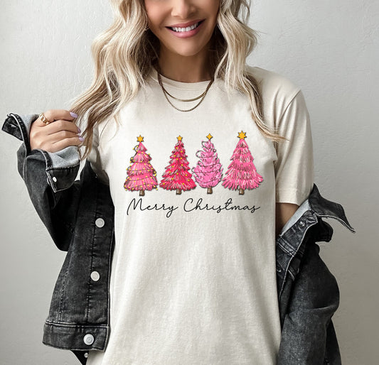 Pink Christmas Trees Merry Christmas T-shirt