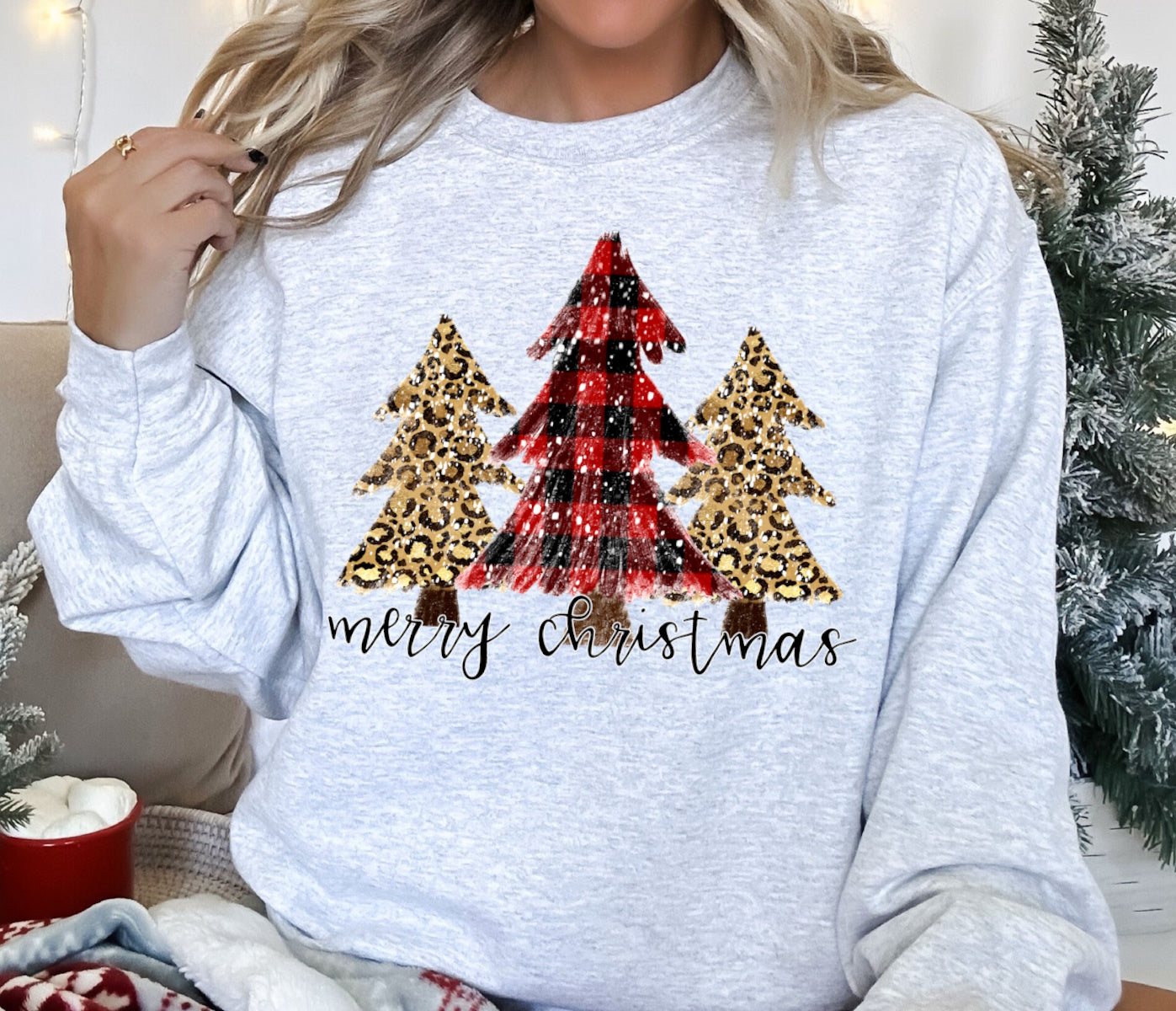 Plaid Leopard Tree Christmas Crewneck Sweatshirt