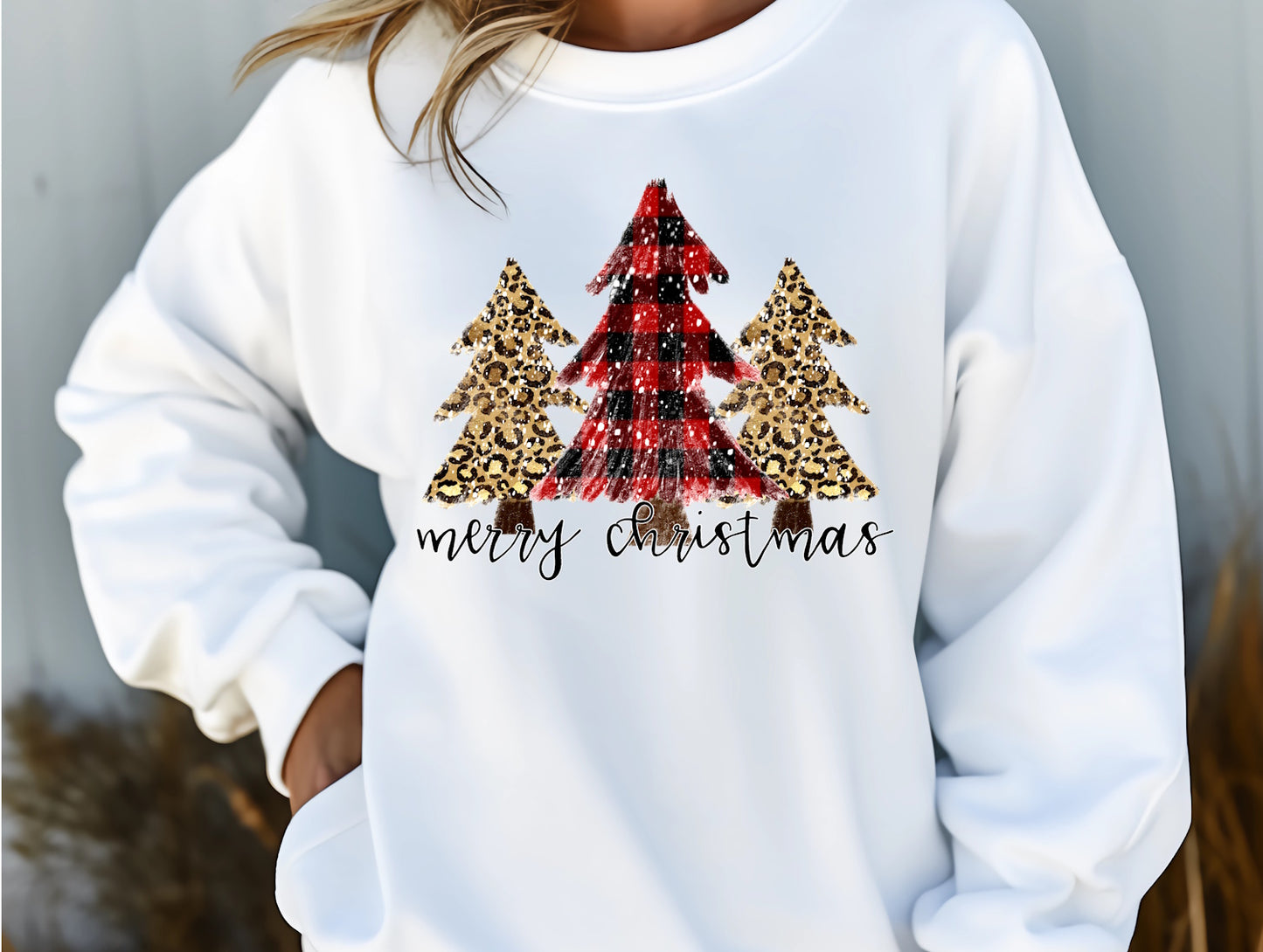 Plaid Leopard Tree Christmas Crewneck Sweatshirt
