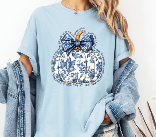 Blue Toile Pumpkin Comfort Colors® T-shirt, Cute Coquette Bow Halloween Tee, Fall Autumn Pumpkin Shirt