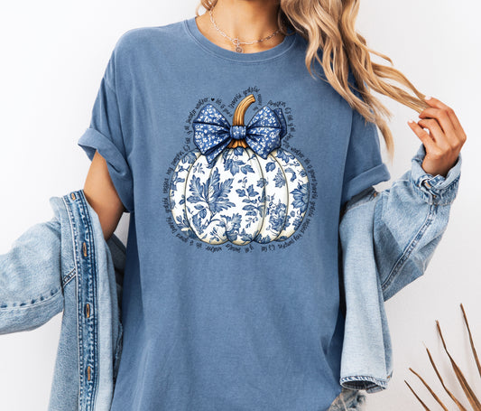 Blue Toile Pumpkin Comfort Colors® T-shirt, Cute Coquette Bow Halloween Tee, Fall Autumn Pumpkin Shirt