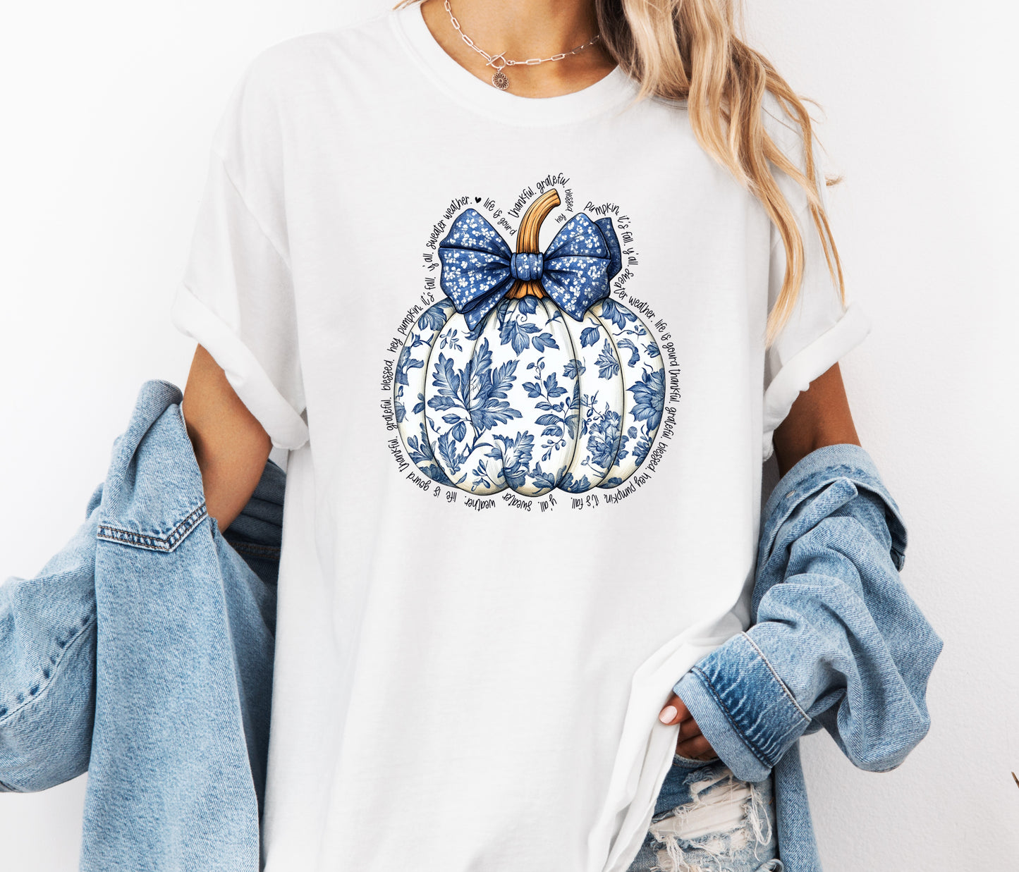 Blue Toile Pumpkin Comfort Colors® T-shirt, Cute Coquette Bow Halloween Tee, Fall Autumn Pumpkin Shirt