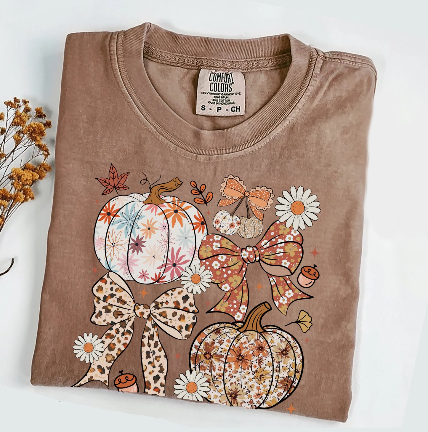 Floral Pumpkin Patch Fall Comfort Colors® T-shirt, Trendy Autumn Tee, Coquette Bow Pumpkins