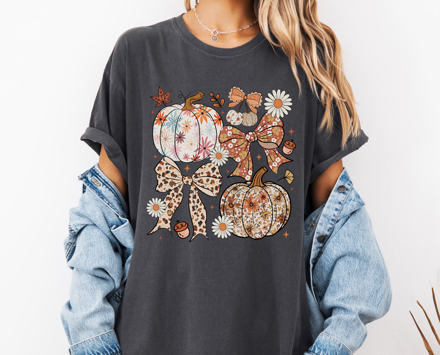 Floral Pumpkin Patch Fall Comfort Colors® T-shirt, Trendy Autumn Tee, Coquette Bow Pumpkins