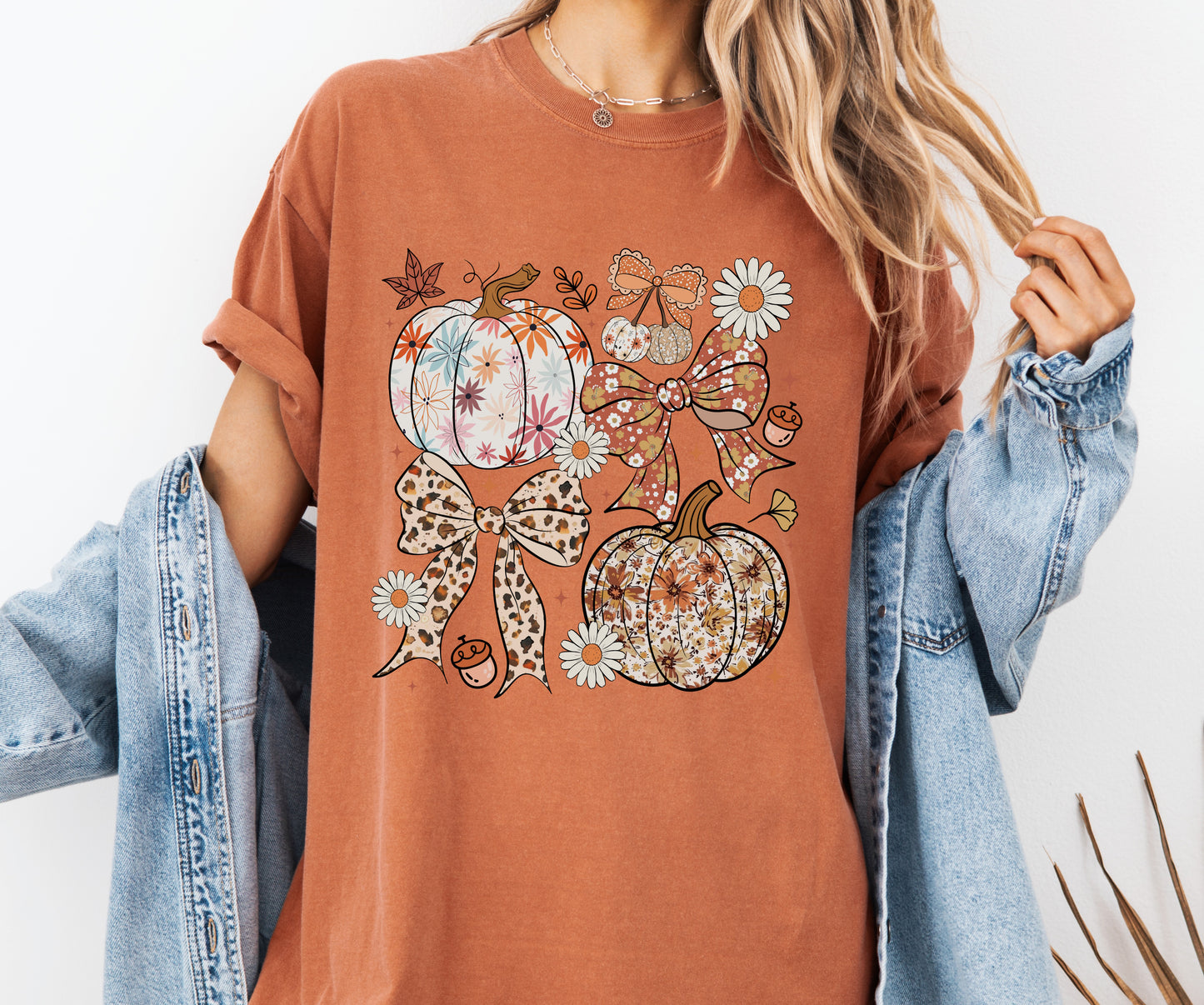Floral Pumpkin Patch Fall Comfort Colors® T-shirt, Trendy Autumn Tee, Coquette Bow Pumpkins