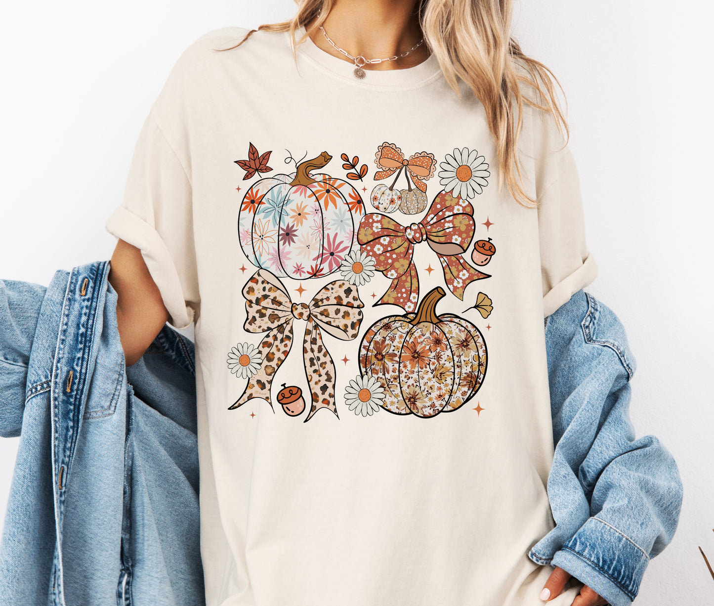 Floral Pumpkin Patch Fall Comfort Colors® T-shirt, Trendy Autumn Tee, Coquette Bow Pumpkins