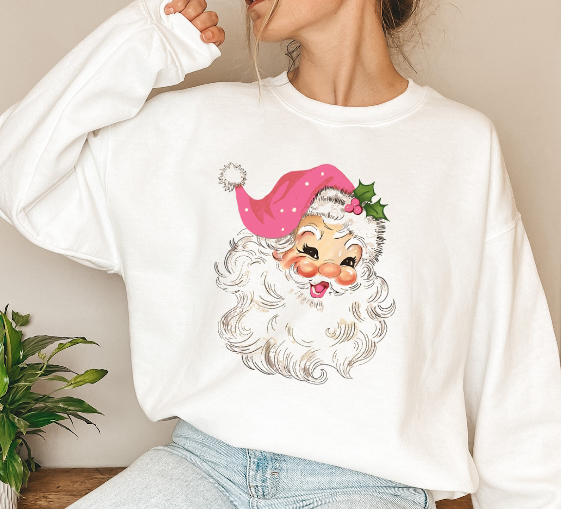 Vintage Retro Pink Santa Merry Christmas Crewneck Sweatshirt