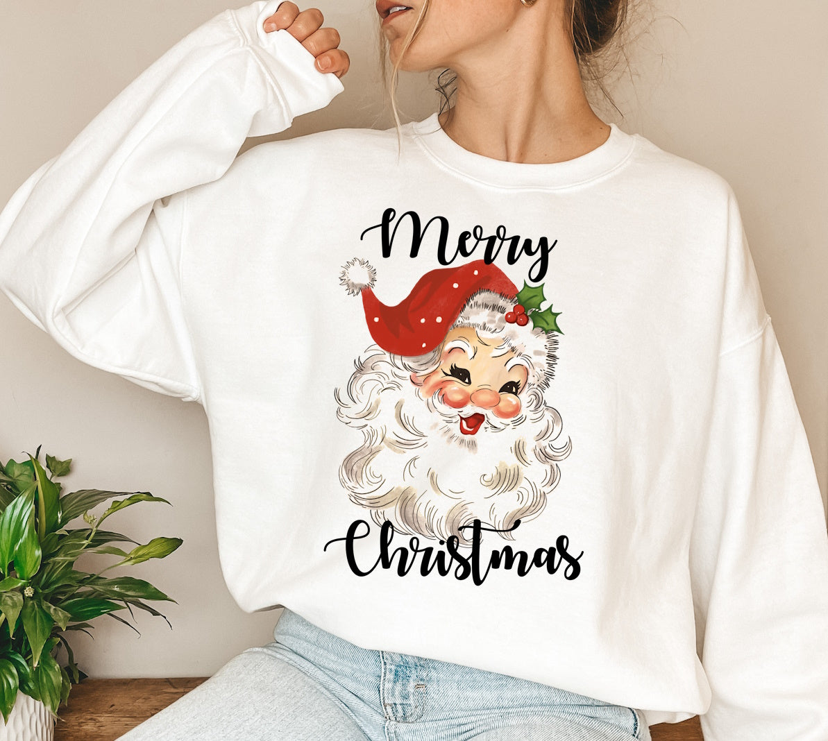 Vintage Retro Santa Merry Christmas Crewneck Sweatshirt
