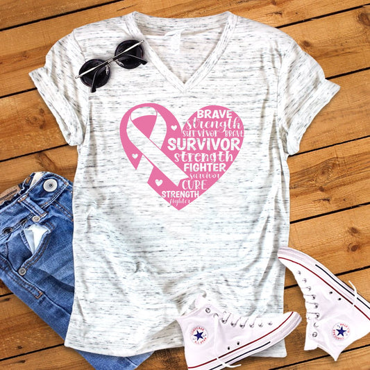 Pink Heart Breast Cancer Awareness Bella Unisex V Neck T-Shirt