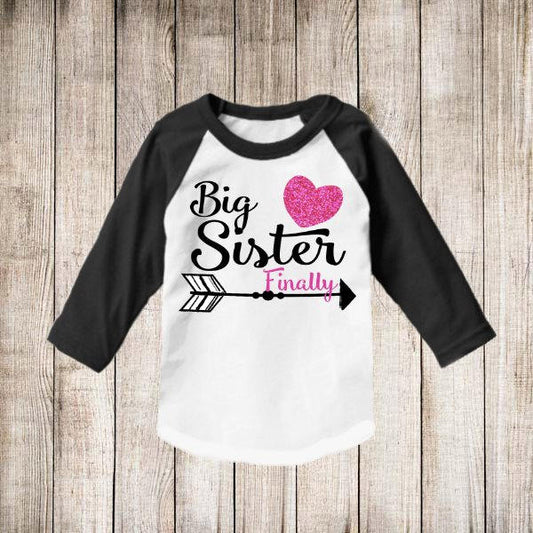 Big Sister Finally Arrow Faux Pink Glitter T Shirt Big Sister Raglan shirt