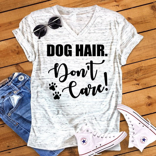 Dog Hair Don't Care Funny Bella White Marble Unisex V Neck Dog Lover T-Shirt