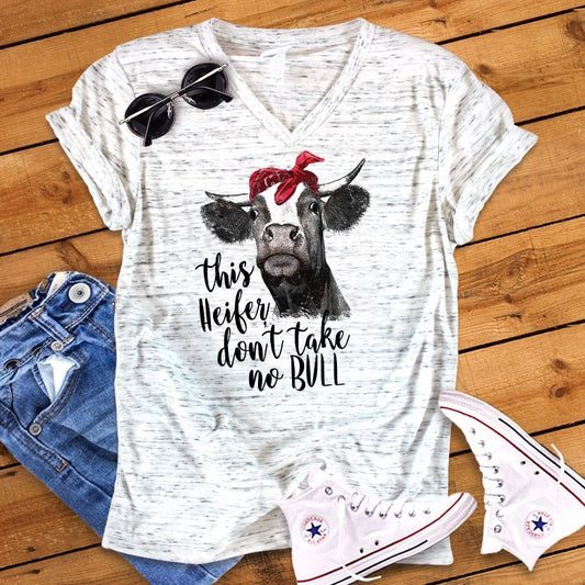 This Heifer Don't Take No Bull Funny Cow Bella White Marble Unisex V Neck T-Shirt