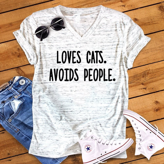 Loves Cats Avoids People Funny Bella White Marble Unisex V Neck Cat Lover T-Shirt