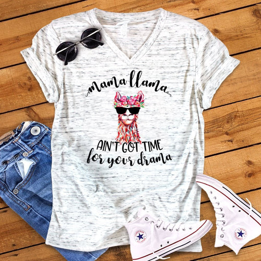 Mama Llama Ain't Got Time For Your Drama Funny Bella White Marble Unisex V Neck T-Shirt