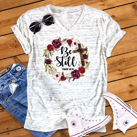 Be Still Psalm 46:10 Floral Wreath Watercolor Unisex V Neck Graphic Tee T-Shirt