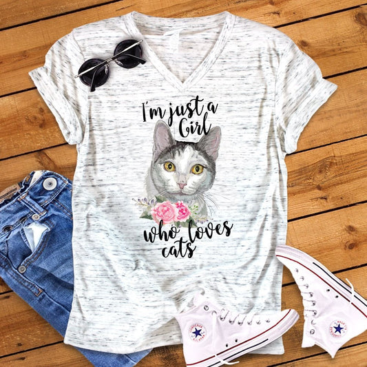I'm Just A Girl Who Loves Cats Bella White Marble Unisex V Neck Cat Lover T-Shirt