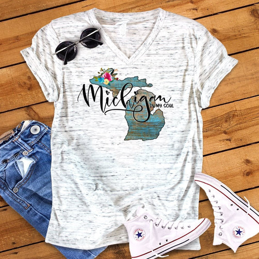 Michigan In My Soul Floral Watercolor Unisex V Neck Graphic Tee T-Shirt