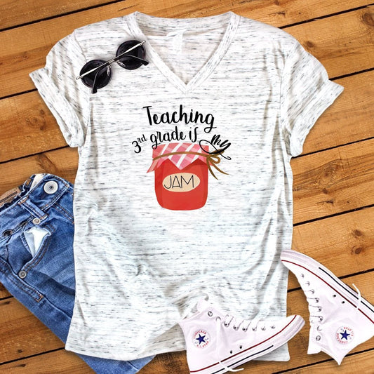 Teaching 3rd grade Is My Jam Back To School Teacher Novelty Unisex V Neck Graphic Tee T-Shirt