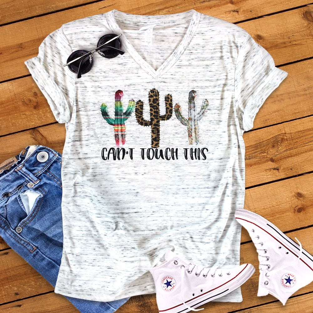 Can't Touch This Funny Cactus Novelty Bella White Marble Unisex V Neck T-Shirt