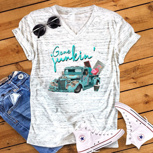 Gone Junkin, Old Vintage Truck Picker Picking Junking Life Novelty Bella White Marble Unisex V Neck T-Shirt