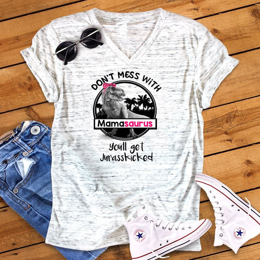 Don't Mess With Mamasaurus Funny Dinosaur Mom Shirt White Marble Unisex V Neck T-Shirt